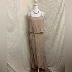 Blue Rain Boho Maxi Dress Beige Crochet Ruffle Lined Made in USA M Cottagecore